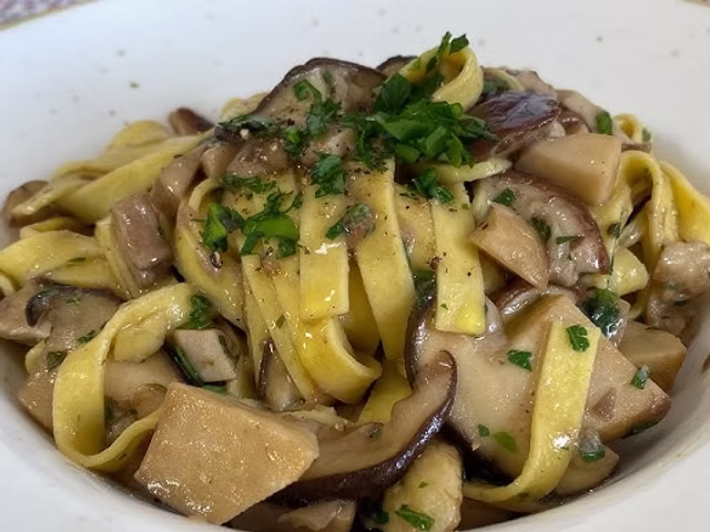 Tagliatelle ai funghi porcini, scaglie di grana e olio tartufato